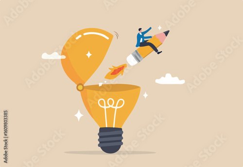 Creativity to create new idea, imagination or invention, inspiration, education or genius idea, writing content or boost creative thinking concept, man riding pencil rocket from opening lightbulb