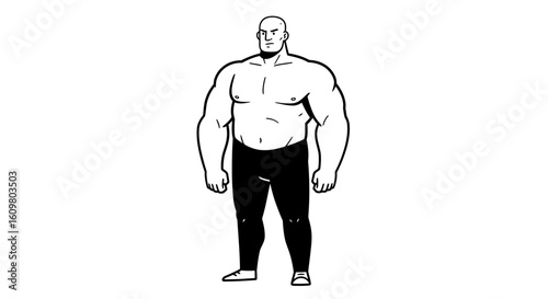 A powerful line art illustration of a muscular, bald strongman standing in a confident pose. Black and white character design for comics.