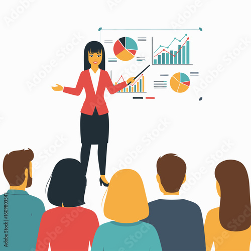 A businesswoman in a red jacket presents data analysis with charts and graphs to an attentive audience during a meeting.