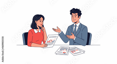 Two business professionals analyzing financial reports and data during a focused discussion at a meeting table.