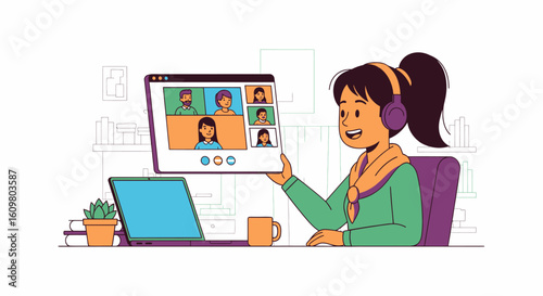 A young woman with headphones participates in a video conference call from her home office desk.