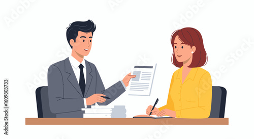 Professional man in a suit explaining documents to a woman who is signing or taking notes at a desk.