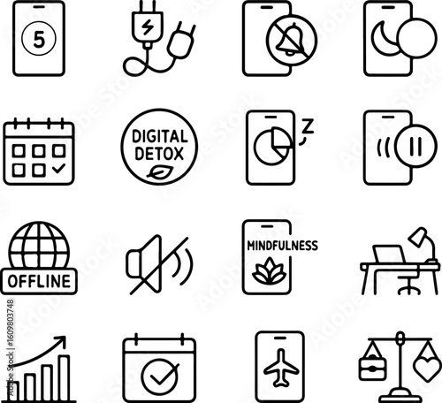 Collection of hand drawn icons representing digital detox and offline lifestyle choices