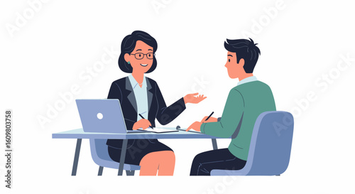 A woman and a man seated at a desk, engaged in a discussion with a laptop.