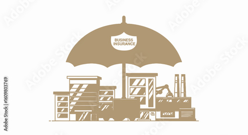 An umbrella protecting various business buildings like offices and a factory, symbolizing comprehensive business insurance coverage.