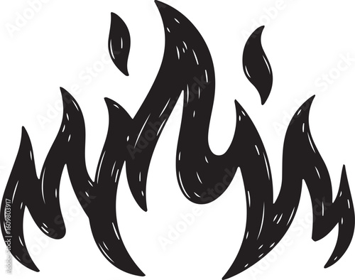 Hand drawn black flame icon, rustic fire symbol silhouette vector art on white background
