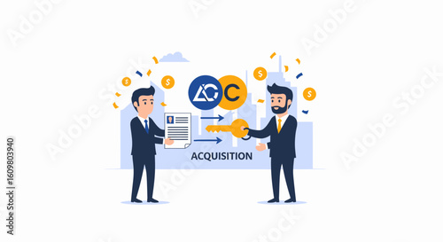 Two businessmen symbolizing a corporate acquisition, exchanging a key and documents with company logos and money.