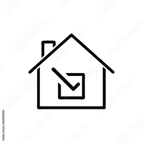 Outline house icon with check mark inside square on home building