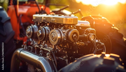Close-up tractor engine at sunset