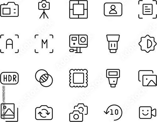 Editable stroke photography equipment icons set camera lens flash hdr settings video photo action cam tripod and more icons set and more vector icons