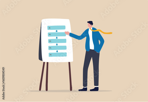 Procedure and workflow, planning process or sequence to finish project, standard or company policy, business outline to step by step, businessman leader present workflow and procedure in meeting
