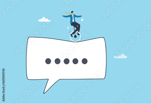 Communicate to success, talking or discussion, advice message dialogue, announcement speech bubble, business conversation or consultation concept, businessman acrobat on message speech bubble