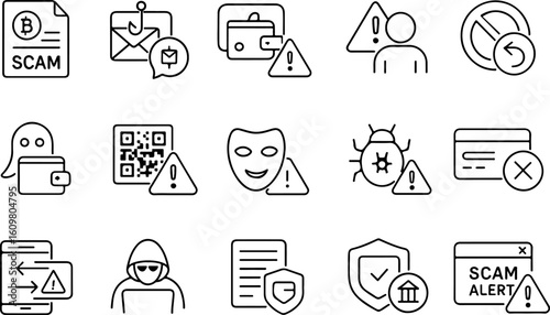 Collection of hand drawn icons representing various types of scams and security threats