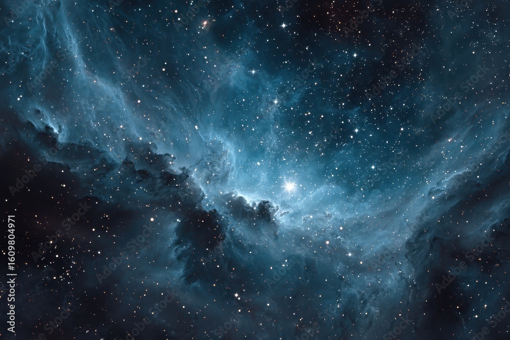 Obraz premium Dramatic display of a distant galaxy featuring swirling blue and purple nebulae and a bright, central burst of radiant light