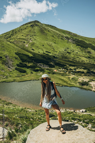 woman on a mountain lake