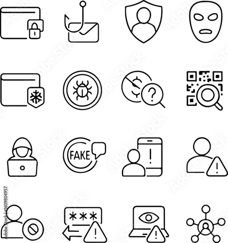 Collection of hand drawn cybersecurity and internet security icons representing threats and protection