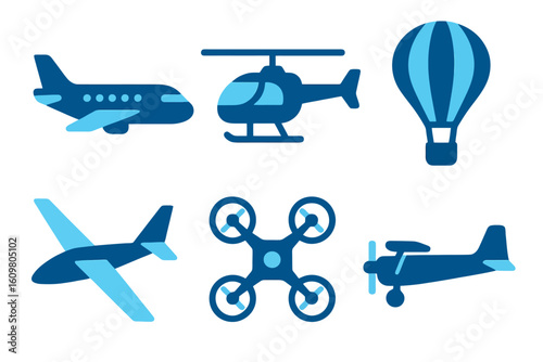 Flat vector air transport icons in light and dark blue including airplane, helicopter, and drone. Perfect for aviation and travel stock designs.
