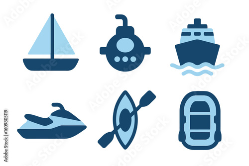 Set of six blue transport icons including jetski, canoe, and inflatable boat. Ideal for water sports, tourism, and stock image collections.