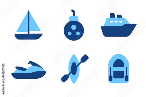 Flat vector aquatic transport icons in light and dark blue featuring sailboat, submarine, and cruise ship. Perfect for marine travel apps and guides.