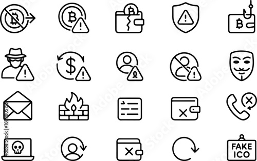 Collection of cybersecurity and financial risk icons for digital security and online threats