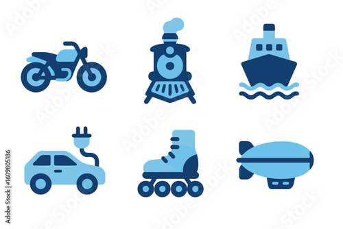 Flat vector transport icons in light and dark blue including motorcycle, ferry, and blimp. Perfect for mobility apps and educational projects.