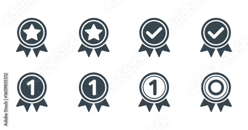 Achievement Award Icons Set Star Checkmark Number One Circle Ribbon Design for Recognition Excellence and Success in Competitions