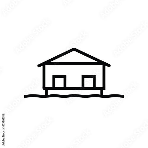 Outline icon a simple house on stilts over wavy water home building