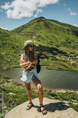woman on a mountain lake