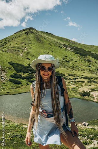 woman on a mountain lake