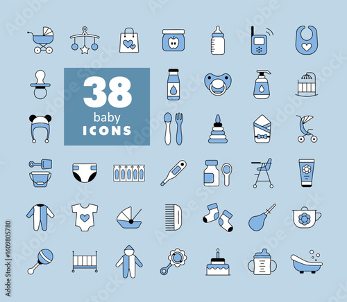 Baby, feeding and care vector isolated icons set