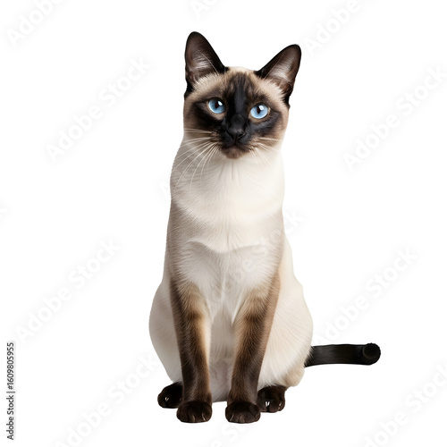 A graceful Siamese cat sits upright, gazing directly at the viewer with bright blue eyes.