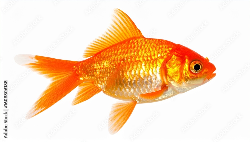 Vibrant Orange Goldfish, Aquatic Pet, Fin Details, Scales, White Background Vibrant Orange Goldfish, Aquatic Pet, Fin Details, Scales, White Background