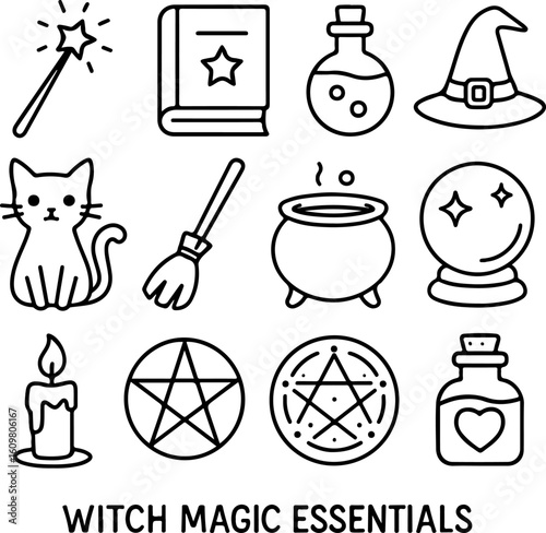 Whimsical hand drawn witchcraft symbols and tools for magical enchantments
