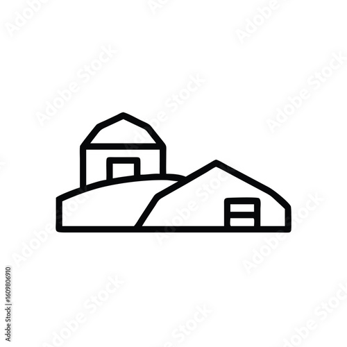 Minimalist outline two farm buildings on rolling hills barn rural