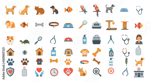 Pet icon set with various animals and accessories for pet care  