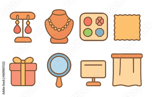 Jewelry Stand Illustrations. Flat vector mini-illustrations jewelry maker's pop-up stand in colors children's