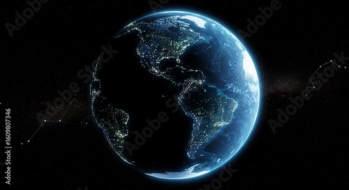 Planet Earth at night seen from space, showing the Americas with glowing city lights and constellations.