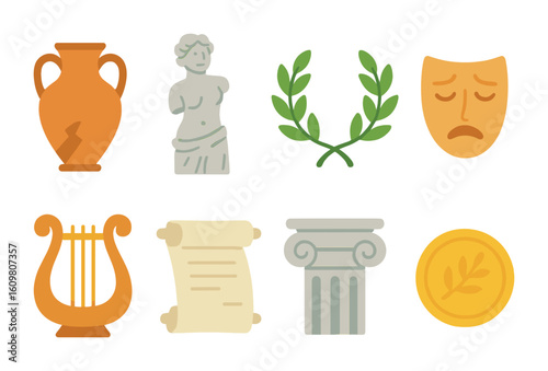Greek Artifacts Icons. Flat vector mini-illustrations ancient Greek artifacts in colors children's