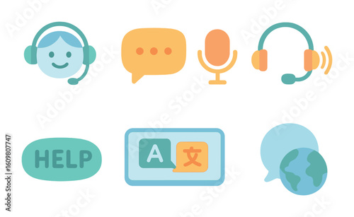 Multilingual Virtual Assistant Icons. Flat vector mini-illustrations multilingual virtual assistant in colors