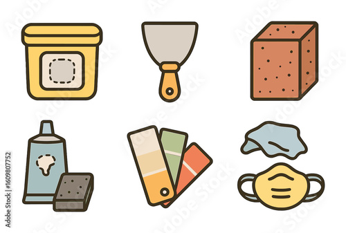 Drywall Repair Tools. Flat vector mini-illustrations fixing drywall holes in colors children's illustrations: