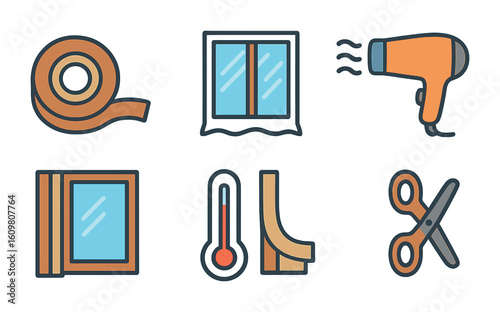Window Insulation Icons. Flat vector mini-illustrations insulating windows in colors children's illustrations: