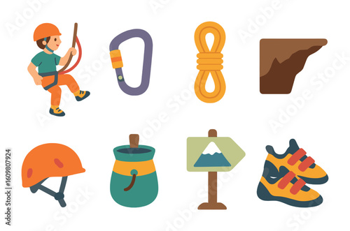 Children's Climbing Icons. Flat vector mini-illustrations climbing and elevation in colors children's