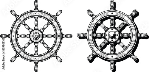 Ship Wheel Vector Set, Nautical Helm Steering Line Art Illustration.