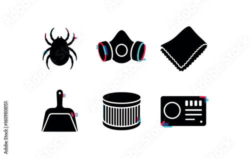 isolated backgond dust mite sample dust mask respirator dust cloth microfiber dust pan scoop dust filter cartrid dust sensor array