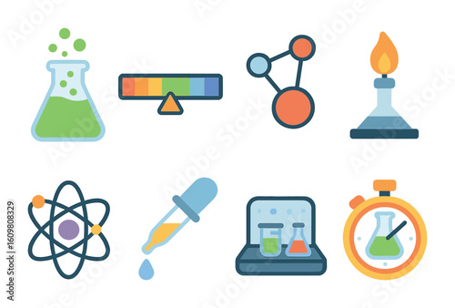 Colorful Chemistry Icons. Flat vector mini-illustrations Chemistry virtual experiments in colors children's