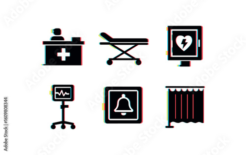 isolated backgond emerncy room tria desk station emerncy room gurney stretcher fe emerncy room defibrillator cabinet emerncy room vital signs monitor stand emerncy room code alert button