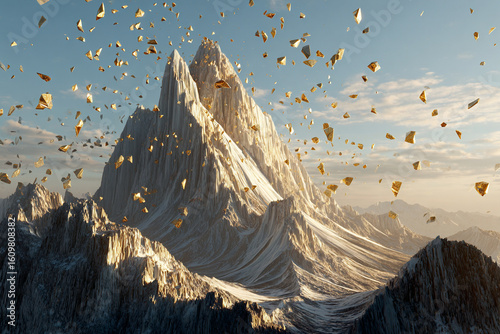 A surreal mountain peak with floating crystal shards