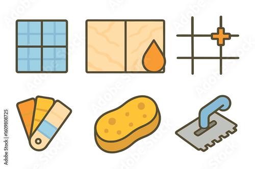 Colorful Bath Icons. Flat vector mini-illustrations of bath wall finishes in colors children's illustrations: