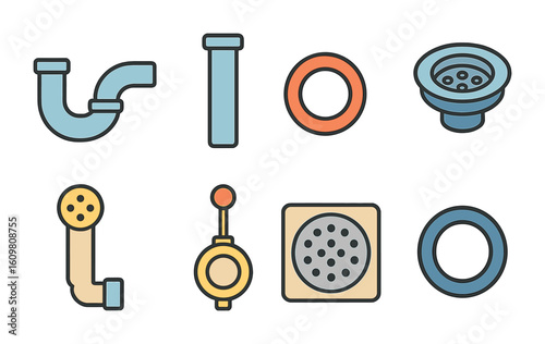 Colorful Bath Plumbing Icons. Flat vector mini-illustrations of bath drain system in colors children's