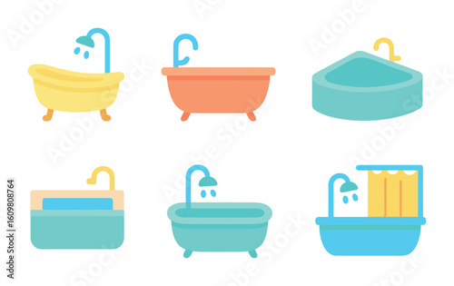Modern Bathtub Illustrations. Flat vector mini-illustrations of modern bathtub styles in colors children's